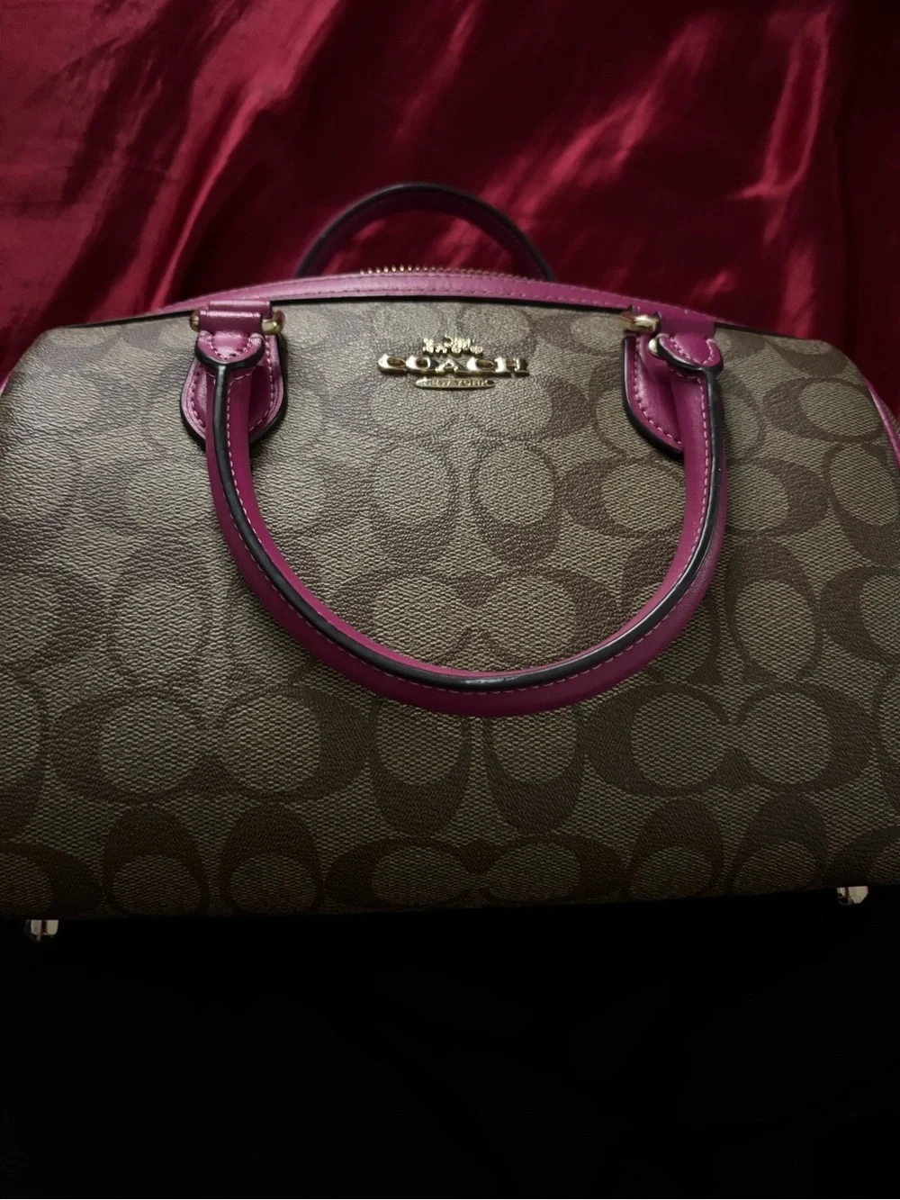 Coach Brown Signature Rowan Satchel with Pink Trim